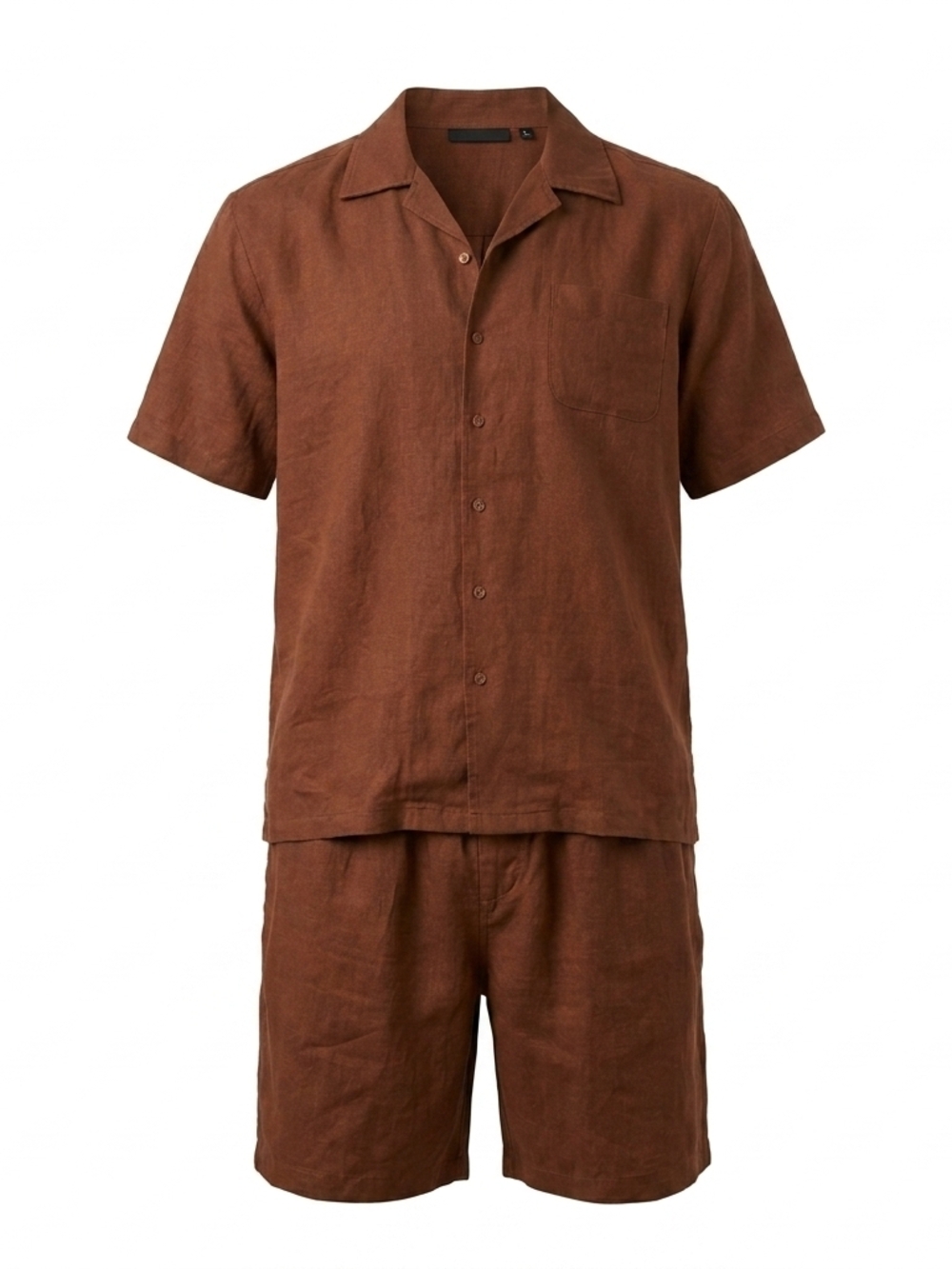 Classico‎ Chocolate Brown Linen 2-Piece Set - Camp Collar Shirt & Shorts -XL